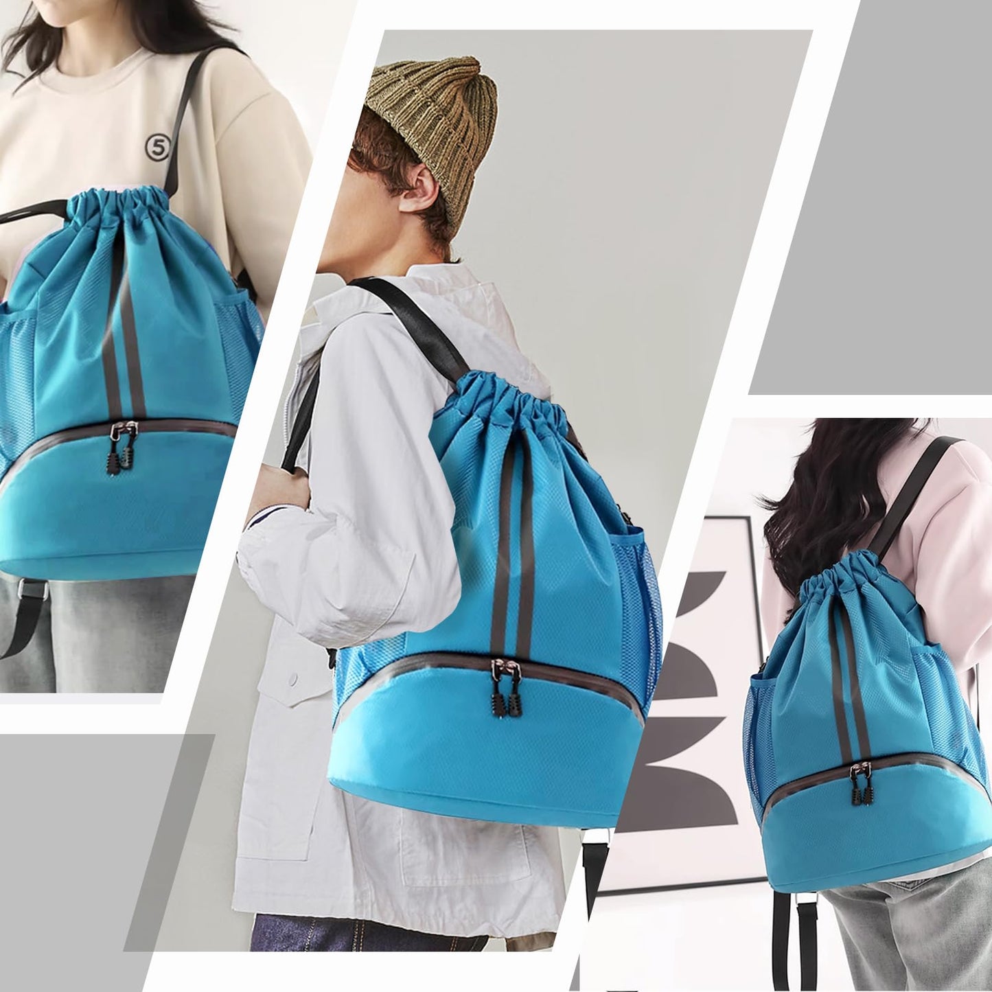 Sports Drawstring Backpack - Swim Gym Bag for Women and Men, Sky Blue