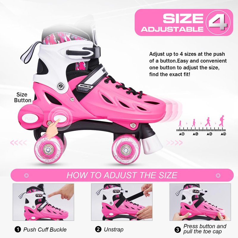 METROLLER Roller Skates for Girls Ages 5-8 8-12 and Boys Teens, Adjustable 4 Sizes for Kids Toddler Rollerskates with Light up Wheels, for Women (Rose, Large-Youth & Adult (4-7 Men/5-8 Women))