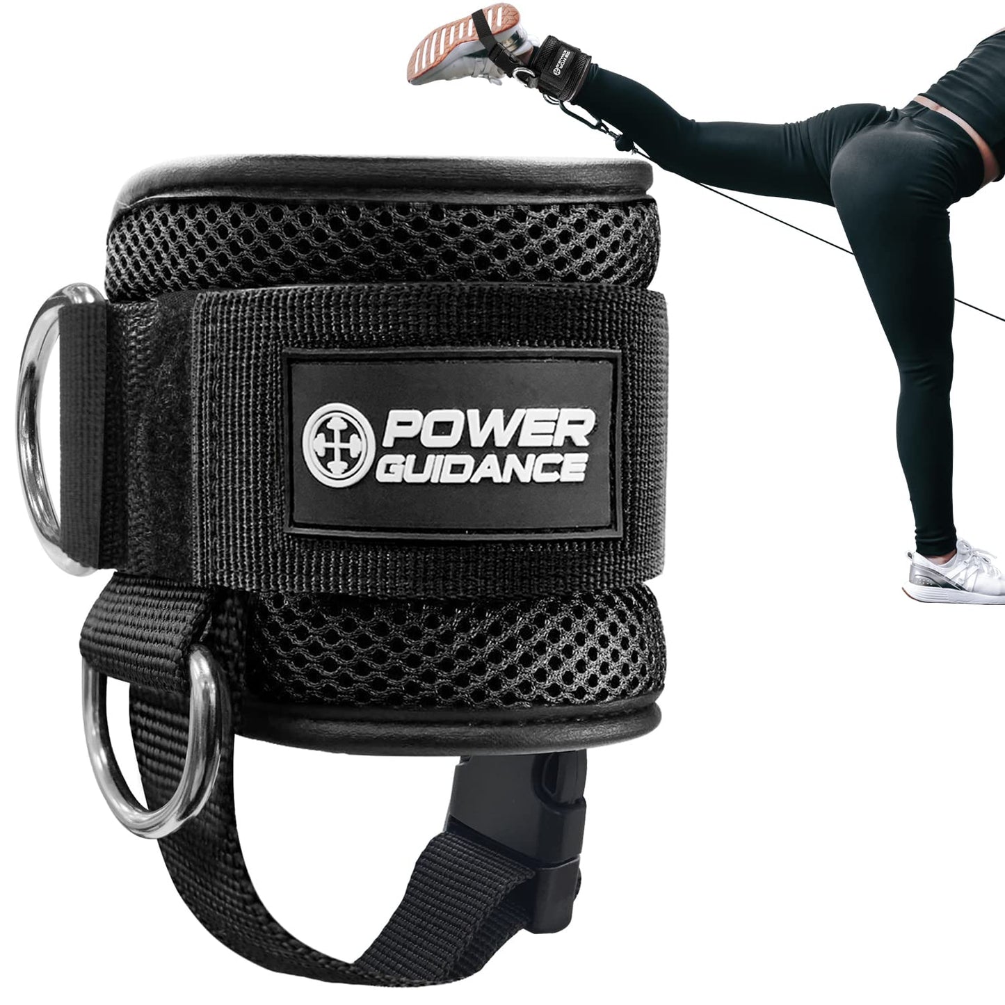 POWER GUIDANCE Ankle Strap for Cable Machine Professional Kickback Ankle Strap for Glute Workouts, Leg Extensions - Adjustable Strap with D-rings