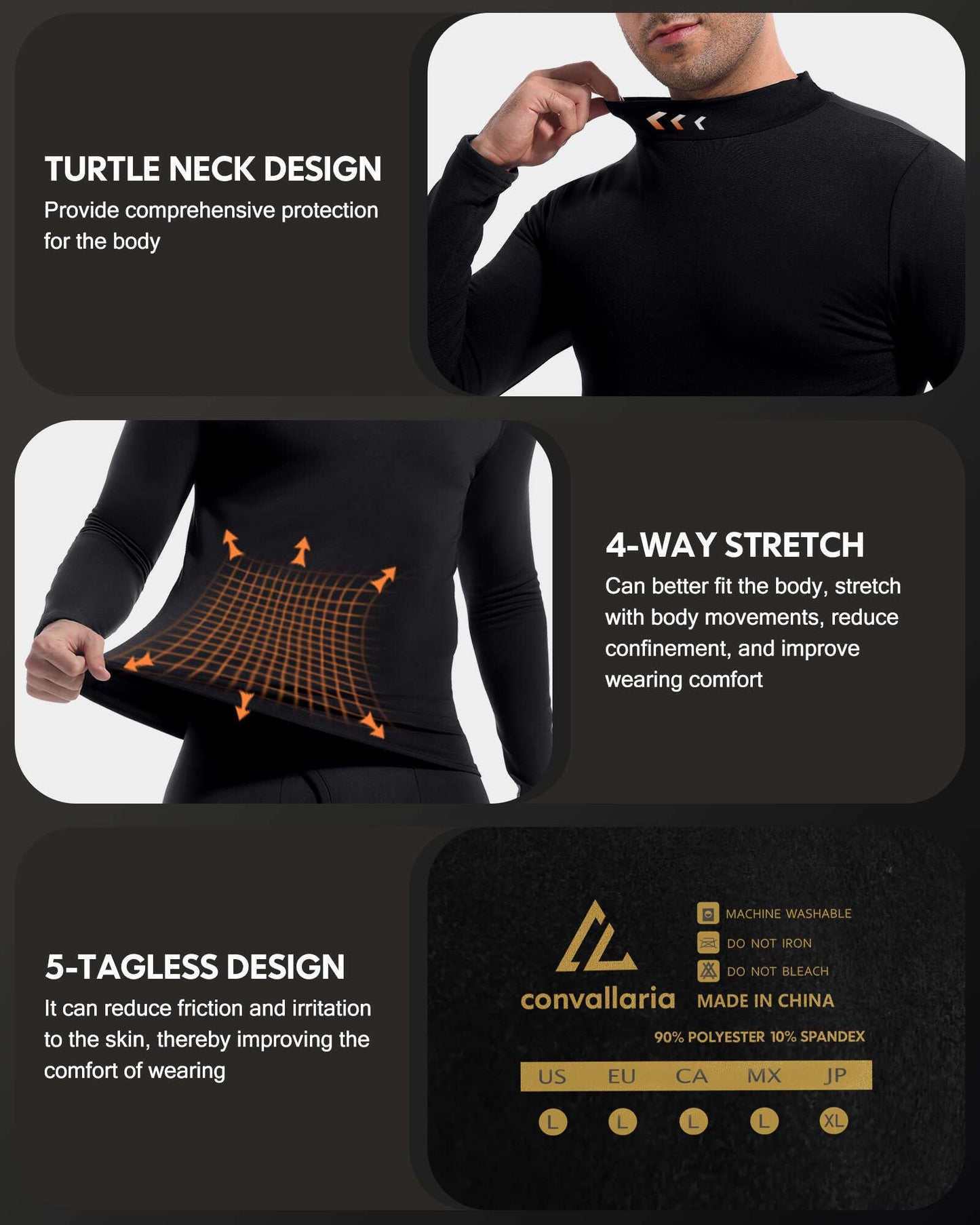 CL convallaria Thermal Shirts for Men Turtle Neck Long Sleeve Base Layer, X-Large