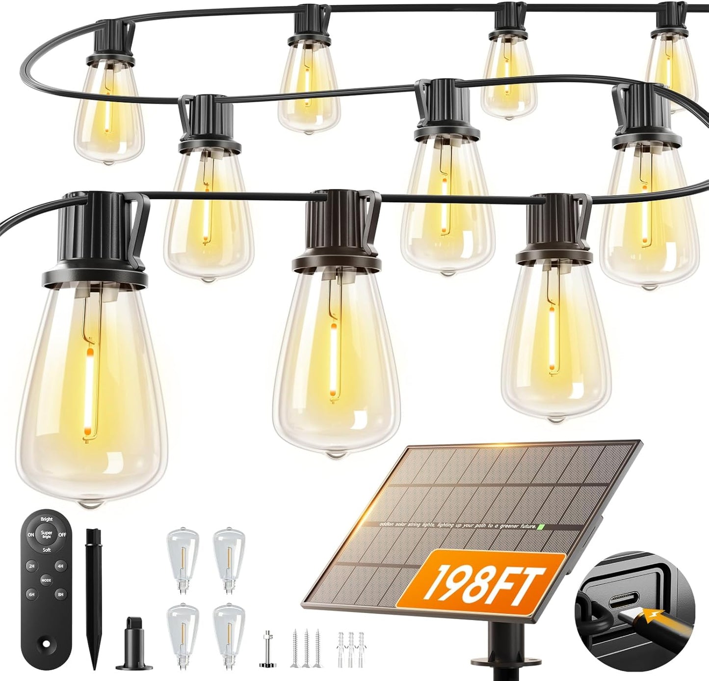 Solar String Lights Outdoor 102FT - 30+2 Waterproof LED Bulbs, Remote Control, Dimmable, 3 Modes for Patio & Garden