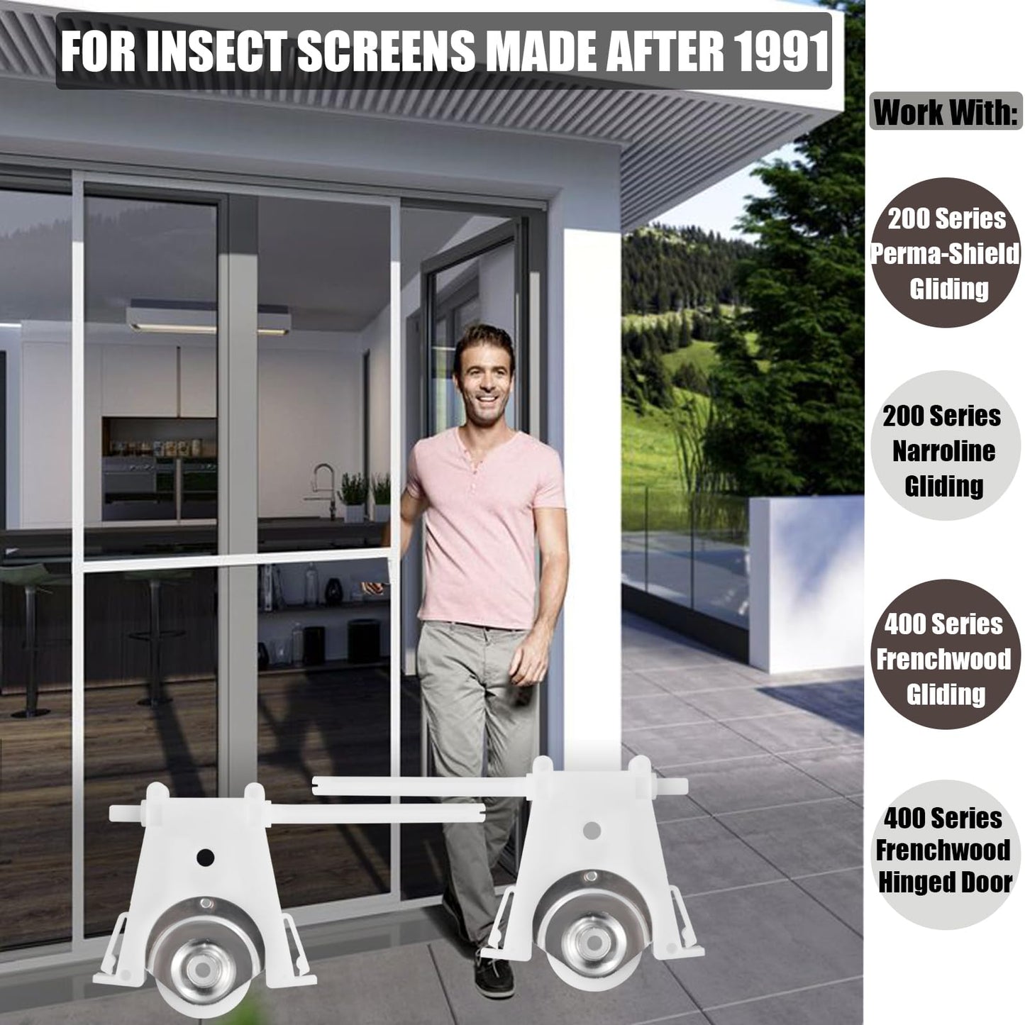 Lower Sliding Screen Door Rollers Replacement Kit Fit Andersen Parts #1997310 (1991 to Present), 1-1/4" POM Concaved Wheels, Edge Adjustable, 2 Pack