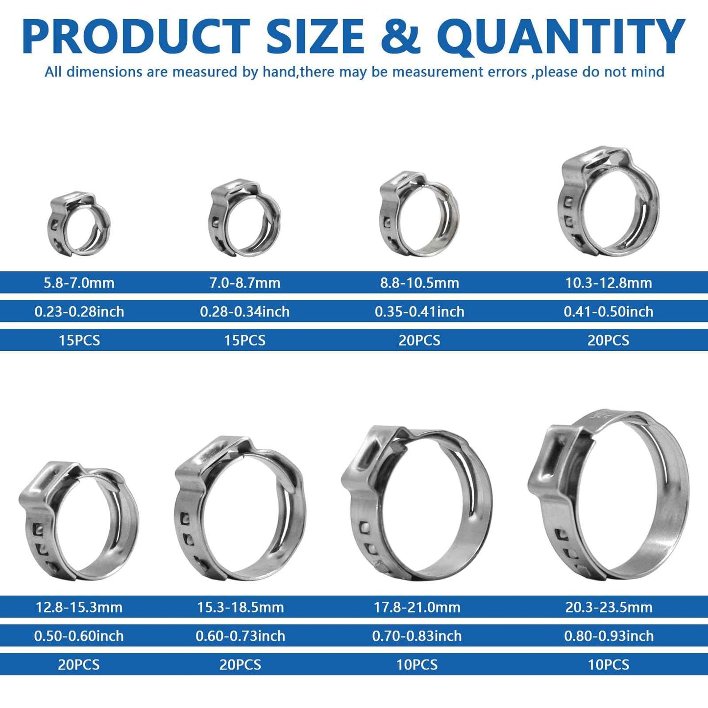 SHRJ 130pcs Pex Clamp Assortment Kit with Pliers, 304 Stainless Steel Heavy Duty PEX Cinch Crimp Rings Pinch Clamps Adjustable 1/4"- 0.92"(6-23.5mm) for PEX Tubing Pipe Fitting Connections