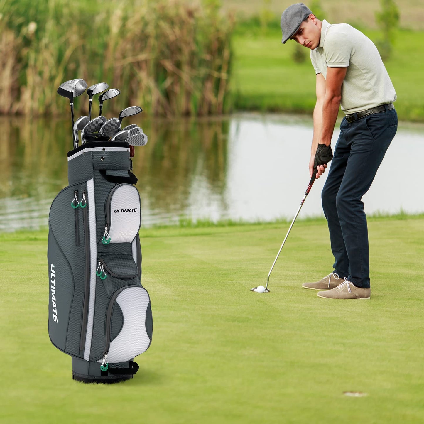 Tangkula Golf Cart Bag with 14 Way Top Dividers, Lightweight Golf Cart Bag with Shoulder Strap, 7 Zippered Pocket, Cooler Bag & Valuable Pocket, Portable Golf Club Bag with Rain Hood/Dust Cover