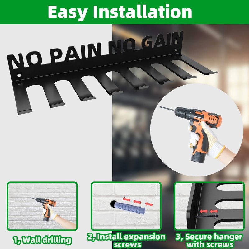 Home Gym Accessories Organization Storage Rack Equipment For Home 8 Hook Wall Hanger Display Gear Barbells Resistance Bands Jump Ropes Lifting Belt Hanger Accessories Hardware Included NO PAIN NO GAIN