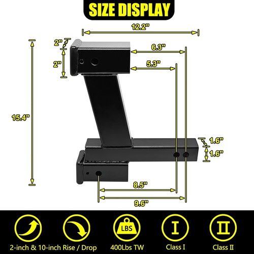 KAIRAY Trailer Dual Hitch Extender Adapter - 2-Inch & 10-Inch Riser/Drop, 10,000 lbs Towing Capacity