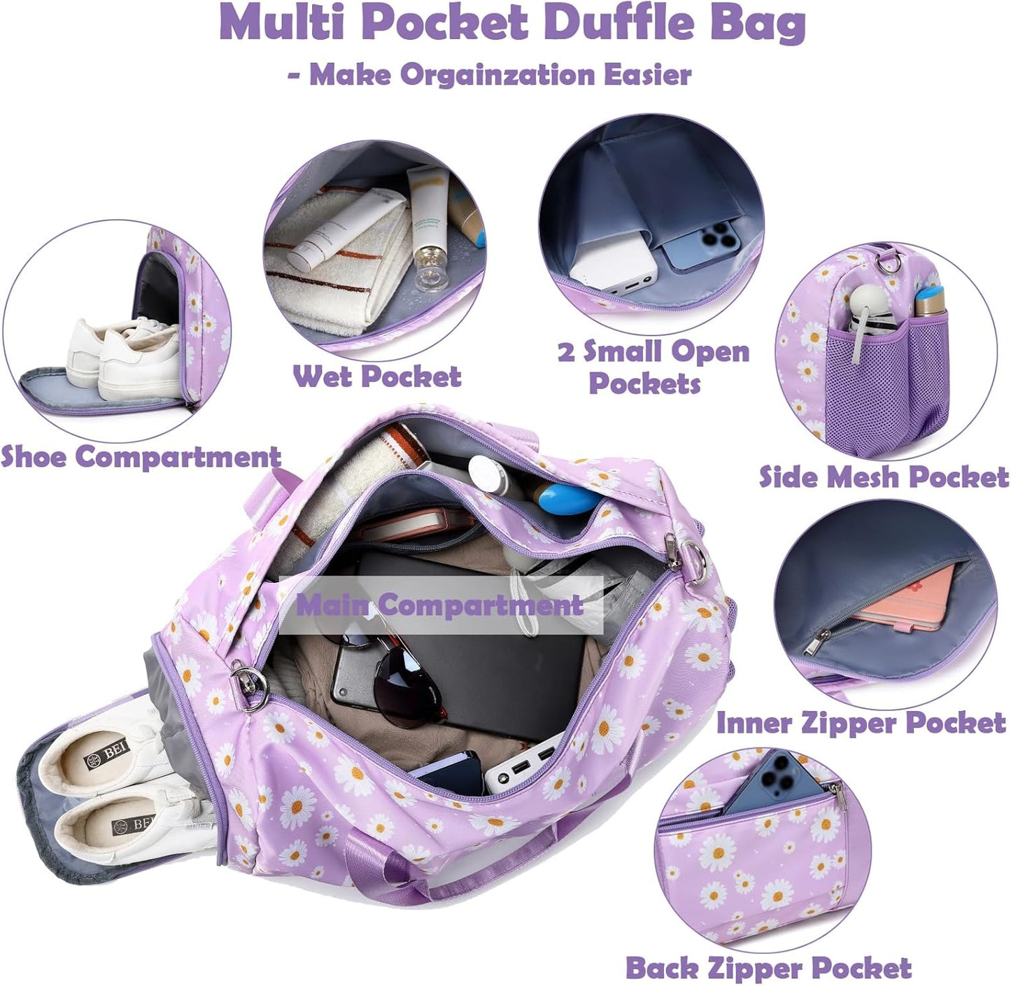 Skiennix Duffle Bag - Purple Daisy Dance & Gym Bag with Wet & Shoe Compartments | Perfect for Sleepovers & Travel