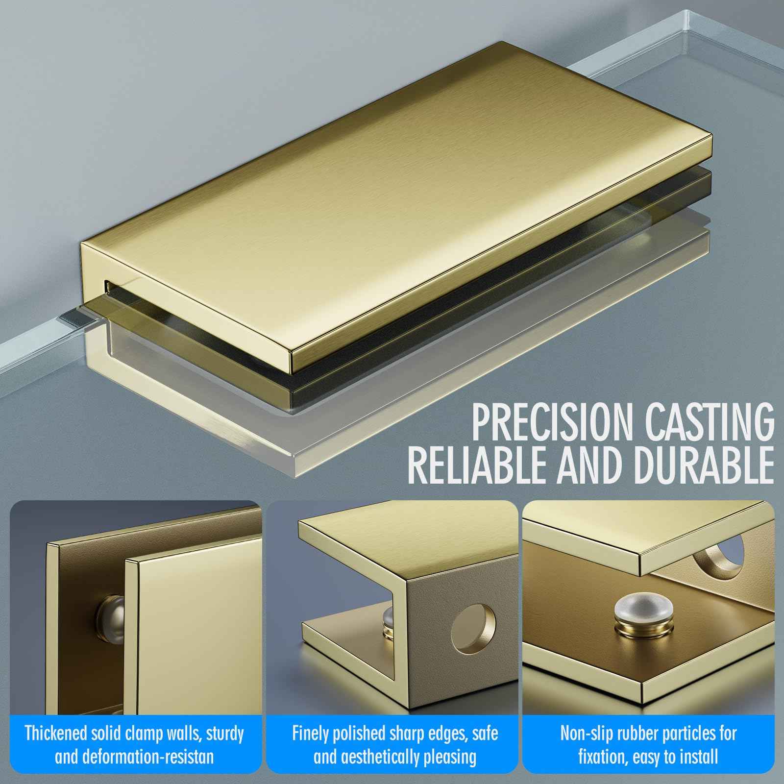 Ranbo 2 Pcs Frameless Glass Clamp Brackets for Shelf and Shower, Heavy Duty Wall Mount Rectangular Holders for 1/4" to 1/2" Panels, Matte Gold Finish Hardware