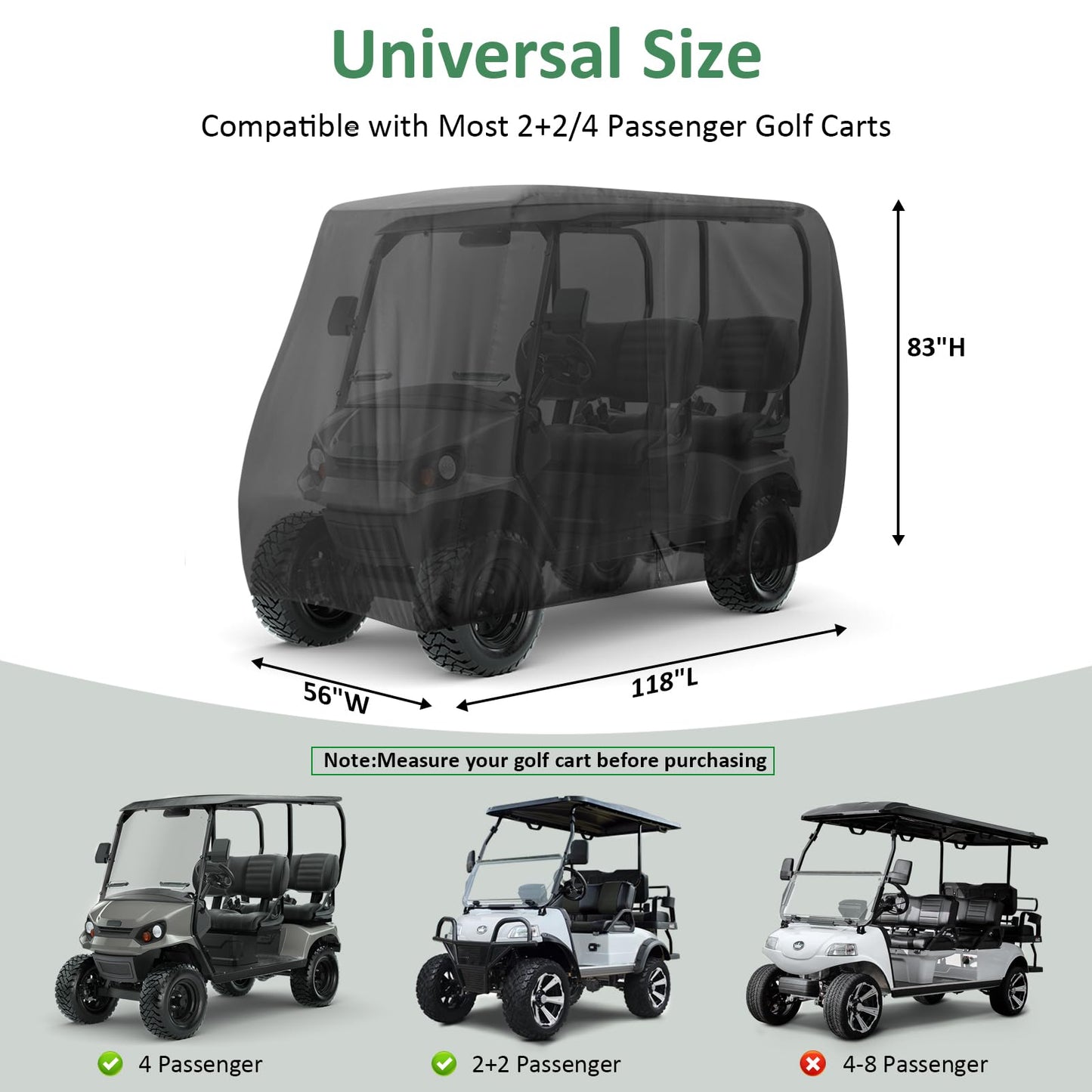 Golf Cart Cover 4 Passenger, Waterproof Golf Cart Covers for EZGO/Club Car/Yamaha Golf Carts,All Weather Protection Dustproof Universal Golf Cart Enclosure-118x 56 x 83 Inch