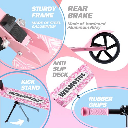 Kick Scooter for Kids Ages 6+, Teens & Adults, Adjustable Handlebars, Rear Brake, Big Wheel Foldable Scooter for Indoor & Outdoor