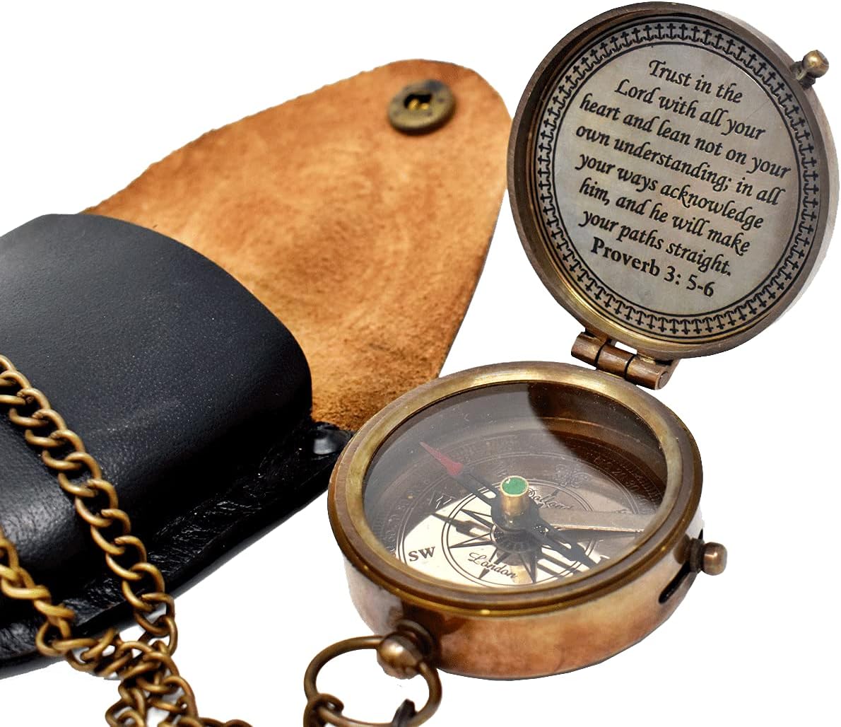 Trust In The Lord Engraved Compass - Proverbs 3:5-16 Graduation Gift | Stamped Leather Case, Perfect for Camping & Boating