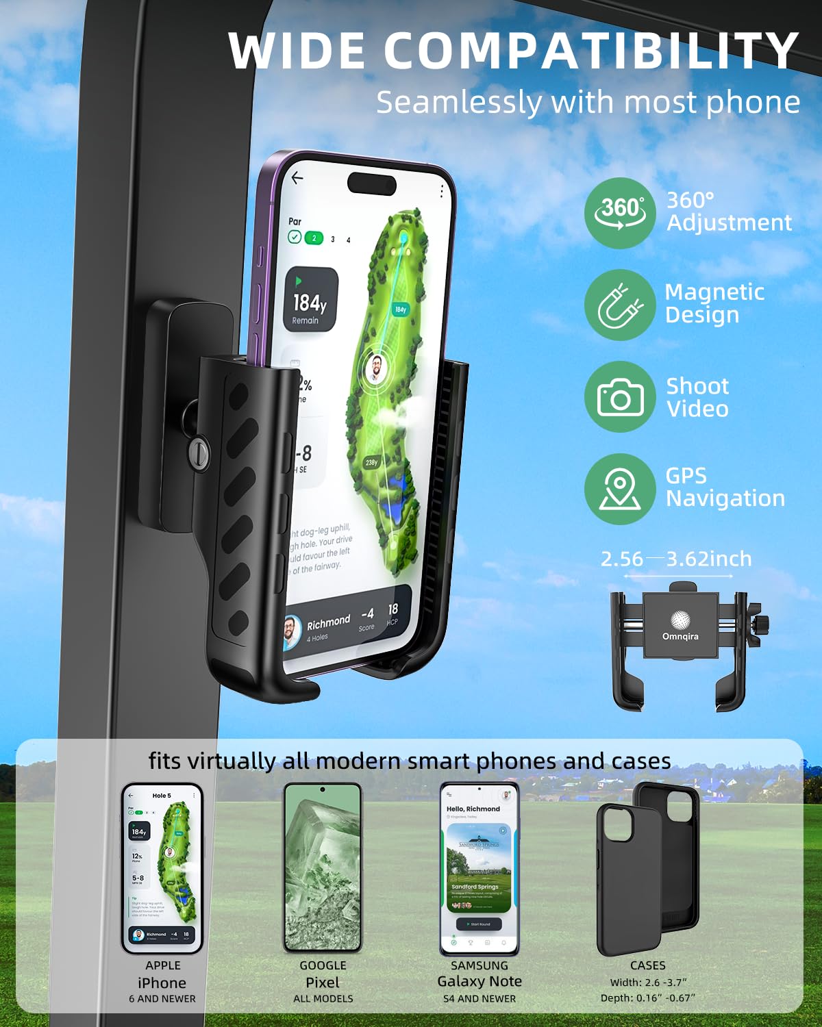 Omnqira Magnetic Golf Cart Phone Holder, Sturdy Aluminum Mount with 6X N52 Magnets & Quick-Lock Knob, 360° View for EZGO, Club Car, Yamaha, Golf Gifts for Men & Dad
