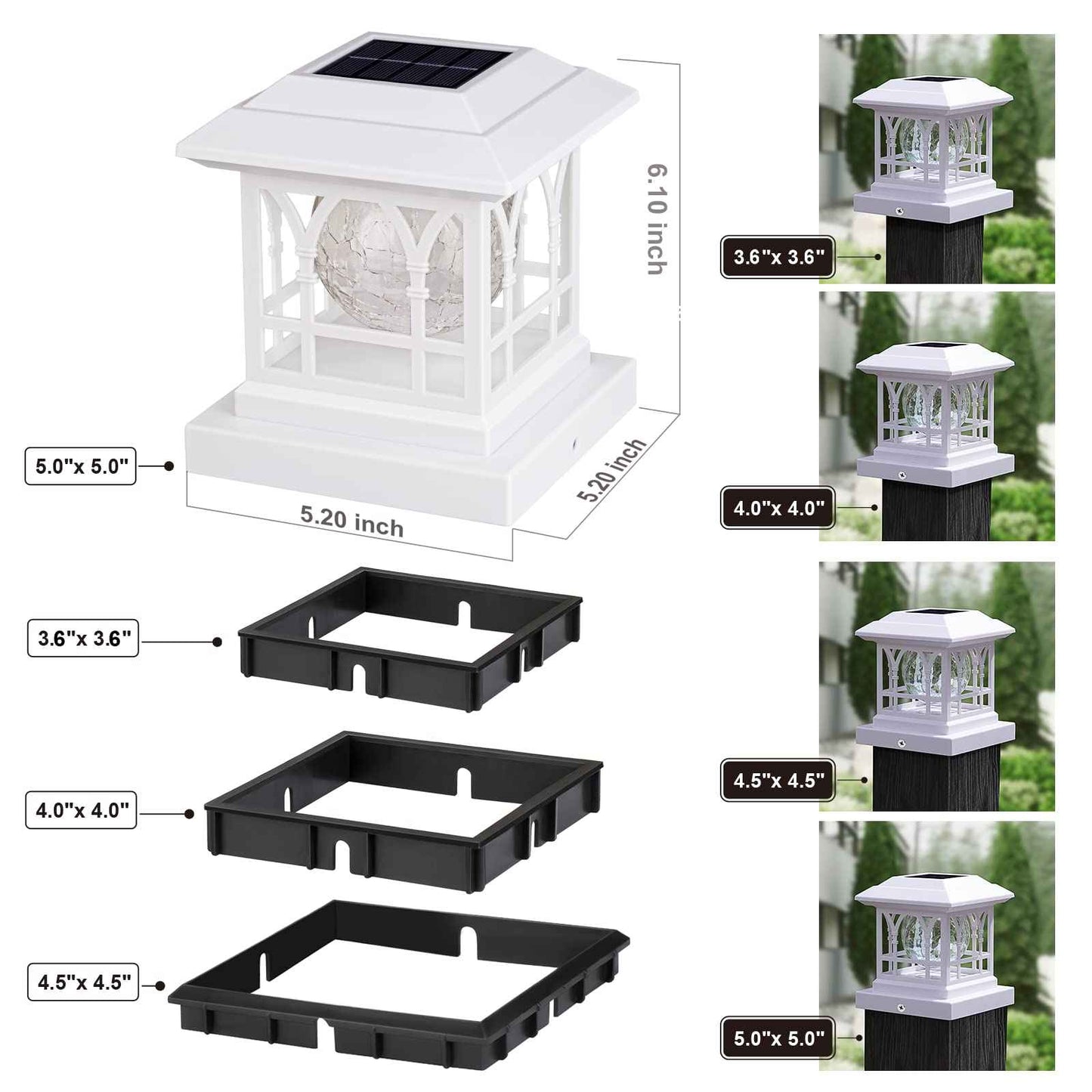 AEFRELEOHT Solar Post Cap Lights, Warm White & RGB Automatic Cycling, Cracked Glass Bulb, 20 Lumens lP65 Waterproof Fit 3.6x3.6 4x4 4.5x4.5 5x5 Wood Fence Post Solar Powered Lights White (1 Pack)