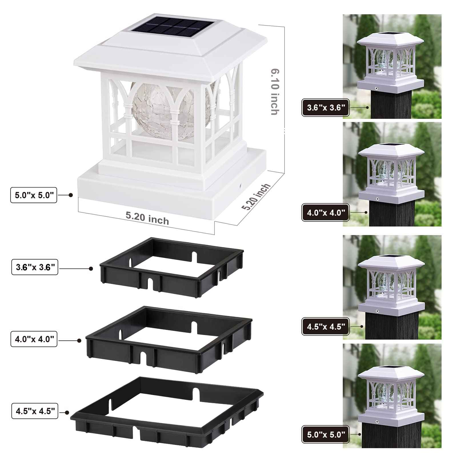 AEFRELEOHT Solar Post Cap Lights, Warm White & RGB Automatic Cycling, Cracked Glass Bulb, 20 Lumens lP65 Waterproof Fit 3.6x3.6 4x4 4.5x4.5 5x5 Wood Fence Post Solar Powered Lights White (1 Pack)