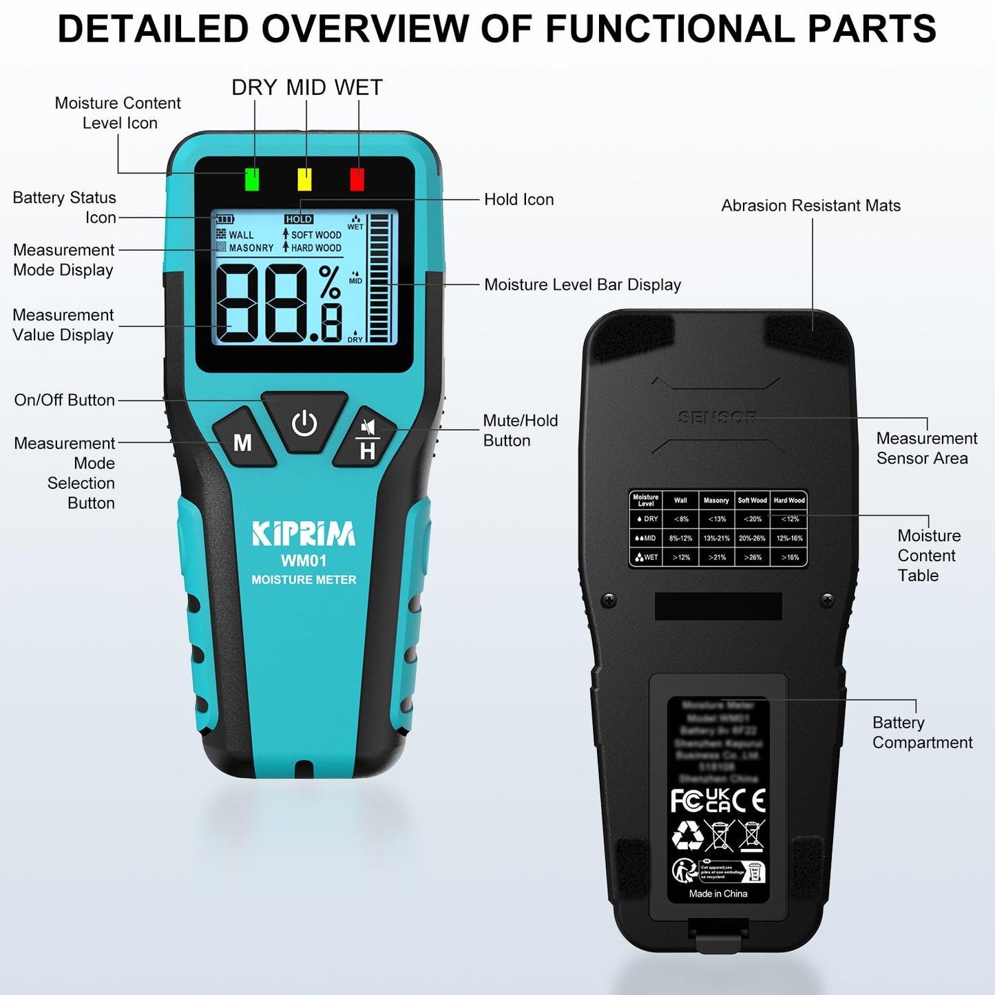 Kiprim Pinless Moisture Meter Home Moisture Level Tester Damp Meter for Floor,Wood, Walls, Concrete – Accurate Non-Destructive Testing Moisture Meter WM01