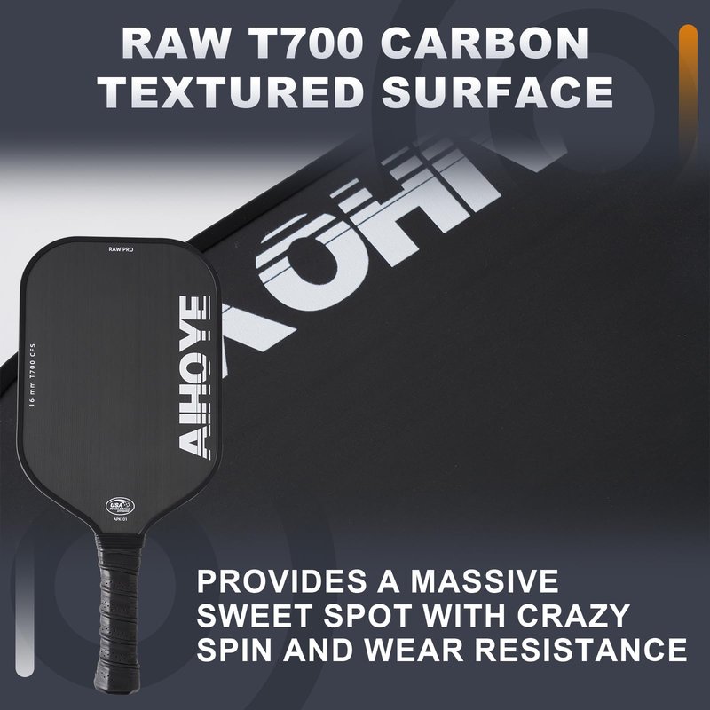 Aihoye PRO Pickleball Paddles- Raw T700 Carbon Fiber Textured Surface (CFS) with High Grit & Spin, Pickleball Paddles Set of 2 with 16MM Polypropylene Honeycomb Core, USAPA Approved