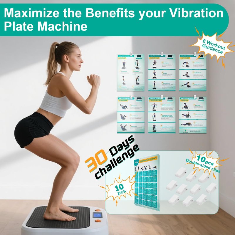 Vibration Plate Exercise Machine Poster - Upgraded 6 Workout Guidance & 10 Pcs Planner & 10 Pcs Double-Sided Clips, Comprehensive Whole Body Wave Vibrating Workout Chart, Green