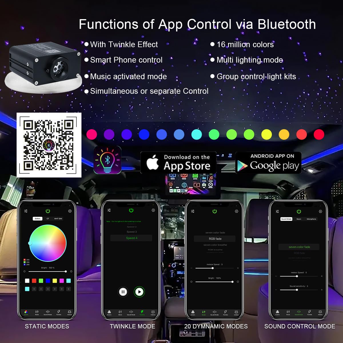 AKEPO Small Size 16W Twinkle RGBW APP Fiber Optic Lights, Music Activated 6.5ft/2m 500pcs 0.03in/75mm Optical Fiber Star Ceiling Light Kit for Car Truck Headliner Star/Home