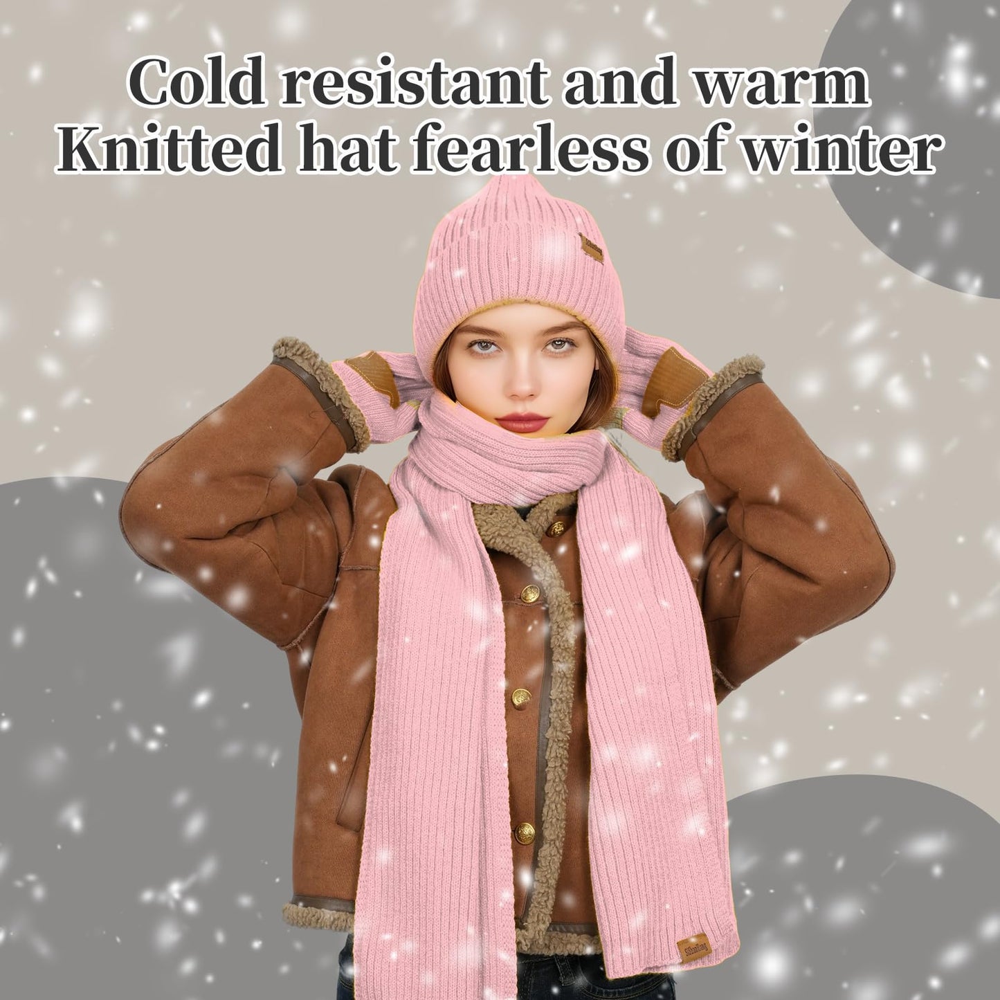 Winter Knit Beanie Hat Scarf Gloves Cold Weather Set, Warm Knit Beanie Long Scarf Touchscreen Gloves,Winter Gifts for Women (Pink, One Size)