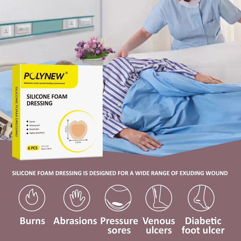 POLYNEW Sacrum Silicone Foam Sacral Pad with Adhesive Border 7.2"x7.2", 6 Individual Package for Large Wound Care, Bedsore, Pressure Sore