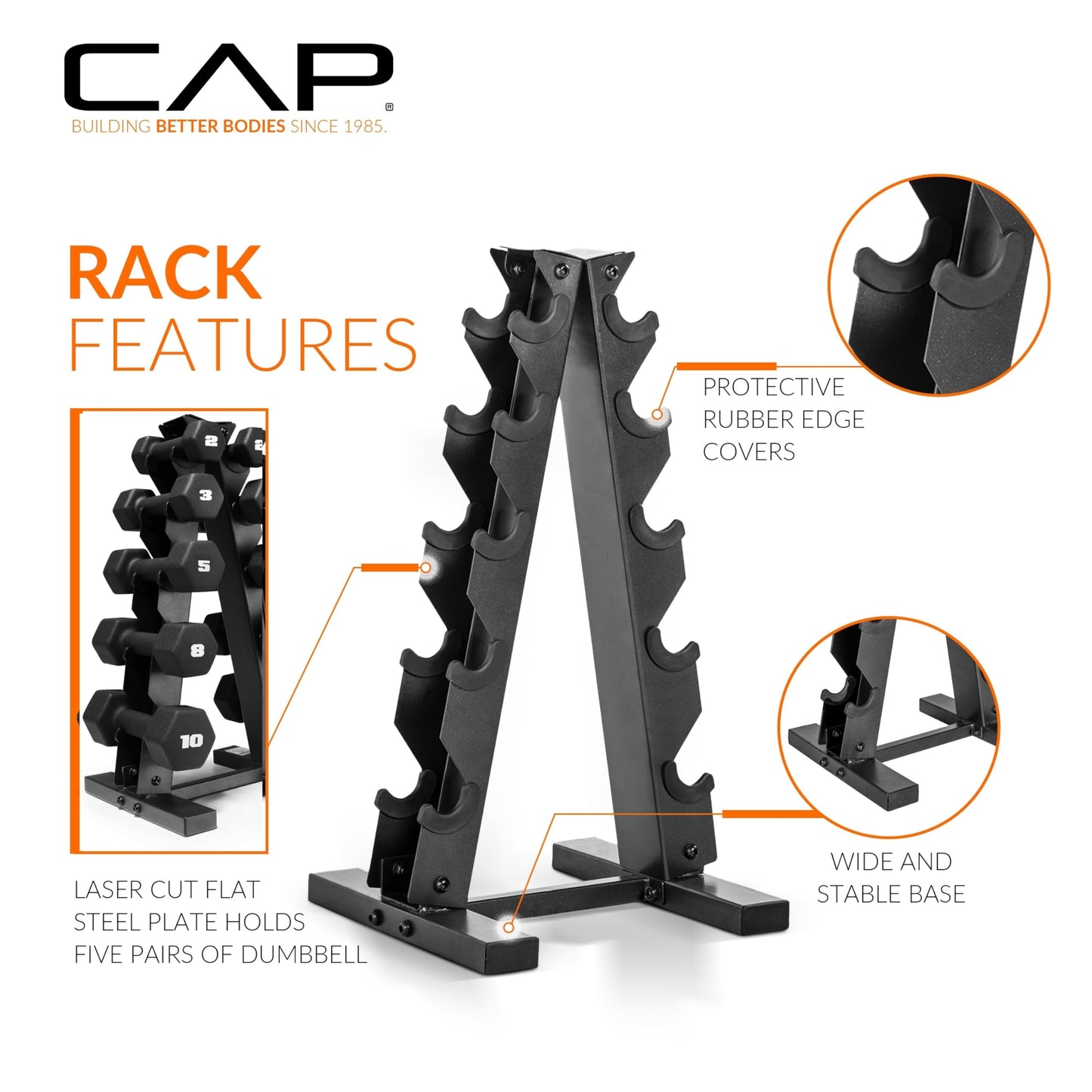 CAP Barbell 56 LB Set of Neoprene Dumbbells with Rack Black | 2, 3, 5, 8, 10 LB pairs