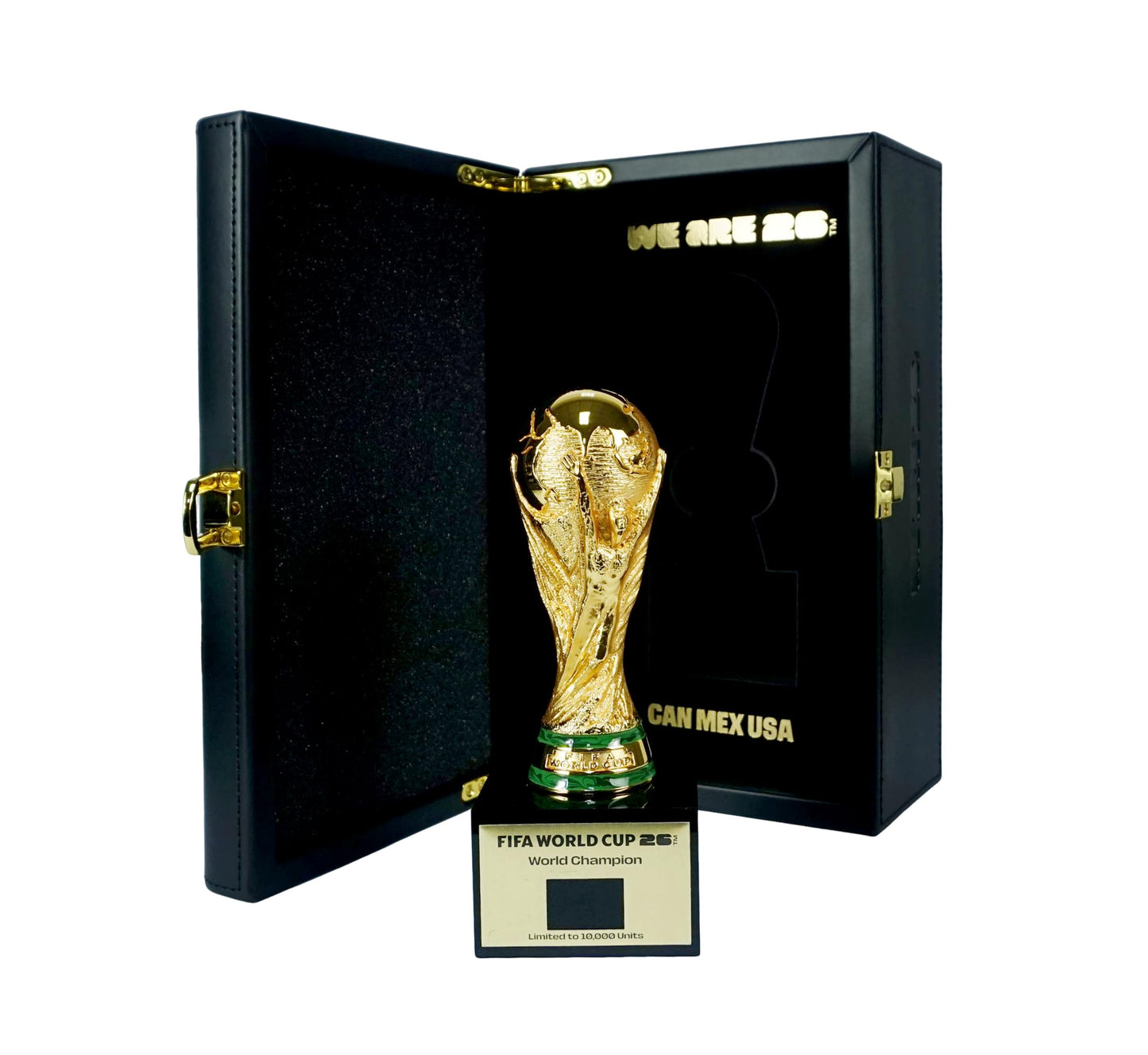 Officially Licensed FIFA World Cup 2026 3D Trophy Replica with DIY Champion Flag – Luxury Wood & Leather Display Box Featuring 16 Host Cities Map – Limited Edition (10,000 Globally)