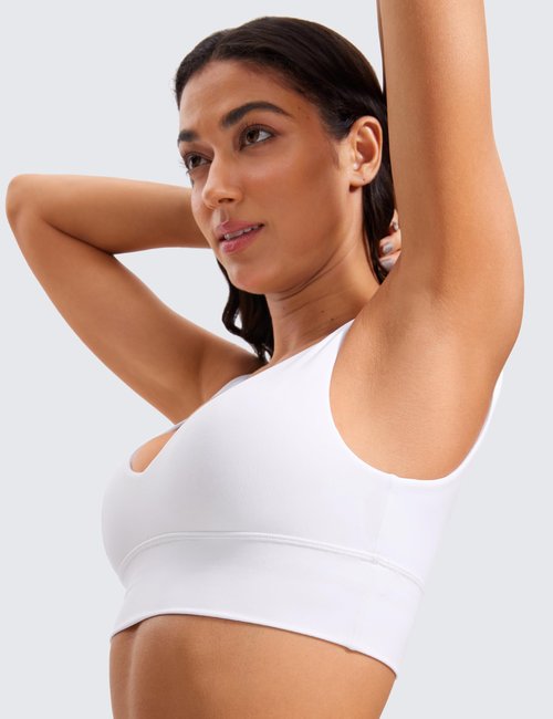 CRZ YOGA Butterluxe Womens V-Neck Longline Sports Bra - Wireless U-Shaped Open Back Yoga Low Impact Padded Crop Top White Medium
