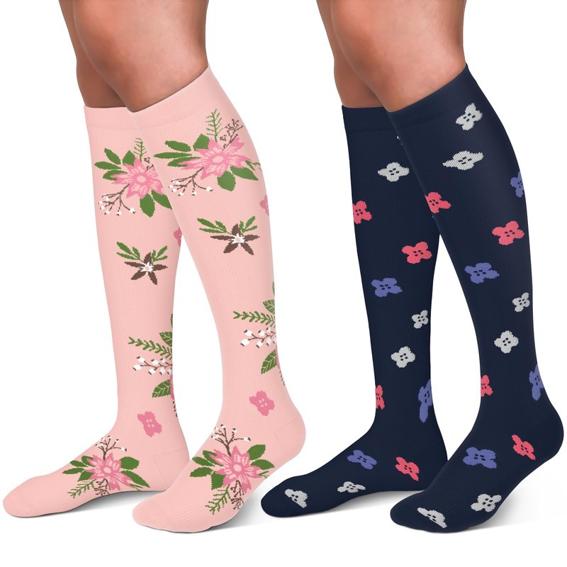30-40mmHg Medical Graduated Compression Socks for Women&Men Circulation-Compression Stockings-Knee High Socks for Support,Hiking,Running(2 Pack Navy Pink Flowers,S-M)