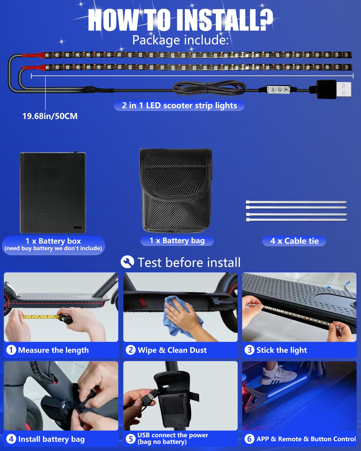 Keiurot Led Lights for Scooter Lights for Night Riding, Electric Scooter LED Strip Light Accessories Blue Led Light Strips 5v Flashing Mode for Skateboard Light, Bike, 2 in 1