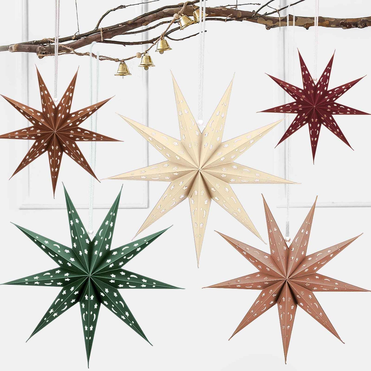 Fullhawl 5 Set 3D Paper Star Lantern - 9 Pointed Hanging Star Lampshade for Xmas Wedding Birthday Party Decor(Brown, Green, Beige, Red, 24 Inch)