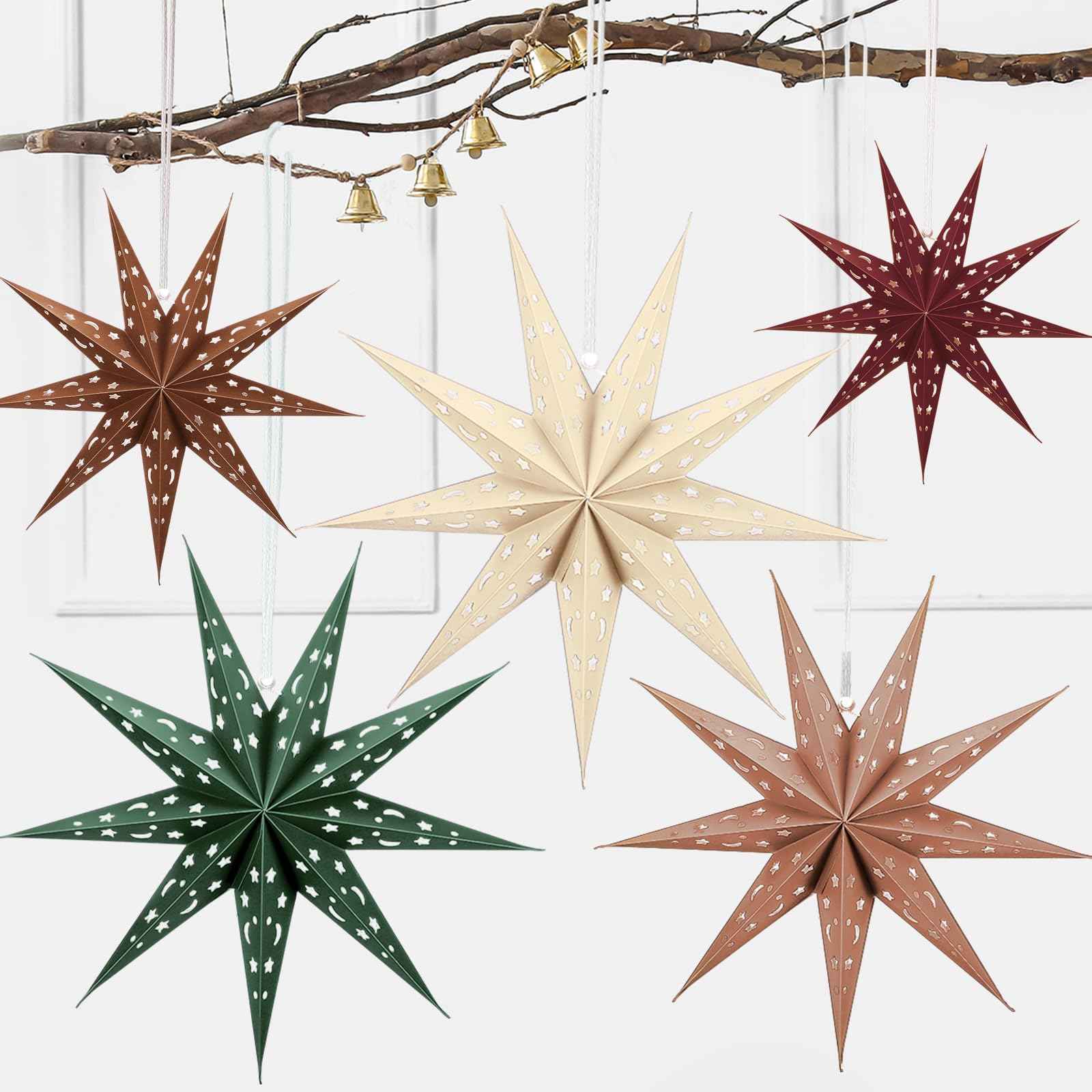Fullhawl 5 Set 3D Paper Star Lantern - 9 Pointed Hanging Star Lampshade for Xmas Wedding Birthday Party Decor(Brown, Green, Beige, Red, 24 Inch)