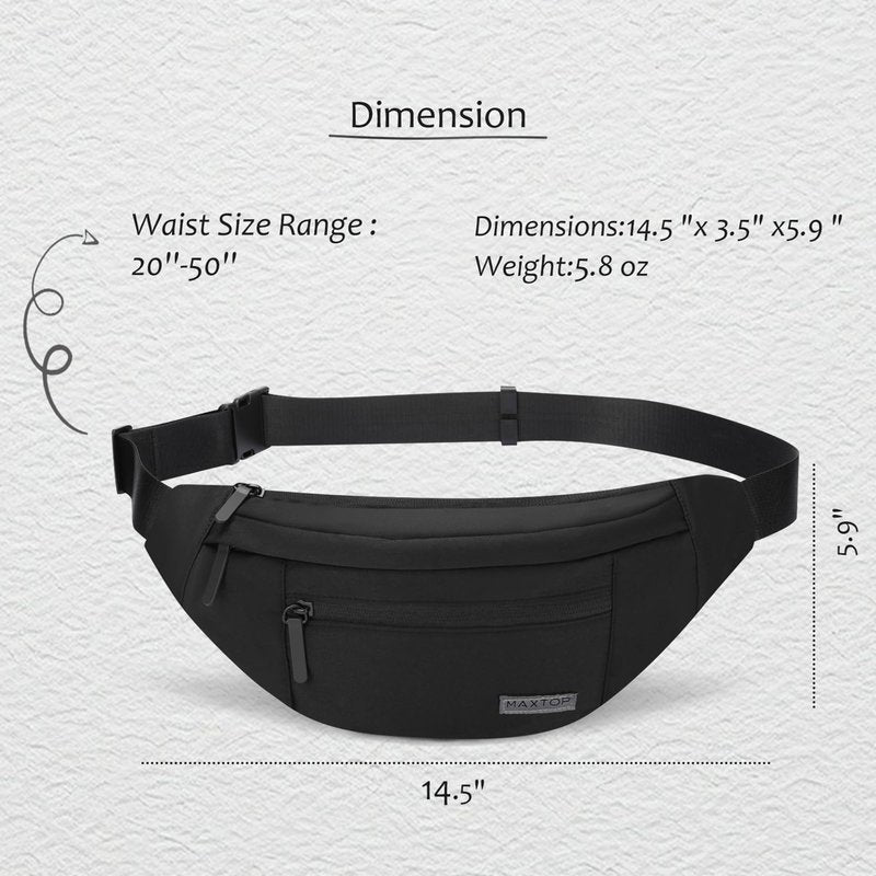 MAXTOP Large Crossbody Fanny Pack Waist Pack with 4-Zipper Pockets Hiking Travel Essentials for Women Men Belt Bag, for Hiking Running Travel Cycling,Black