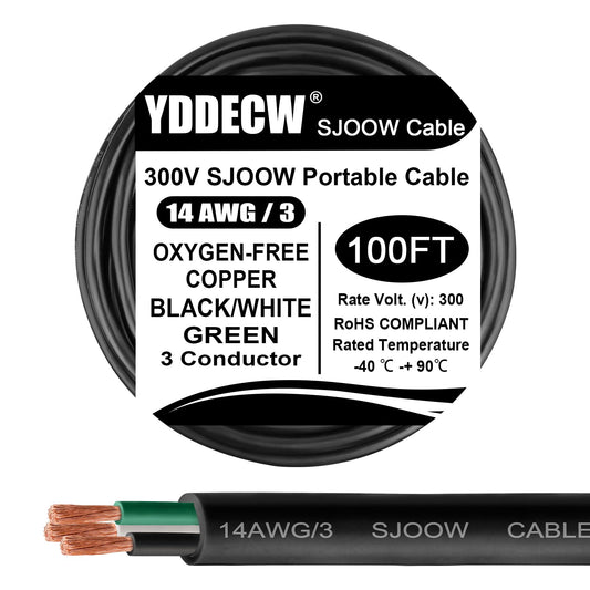 100ft 14/3 14 AWG Portable Power Cable (3 Conductor) - SJOOW 300V 14 Gauge Electric Wire for Motor Leads, Portable Lights, Battery Chargers and Machinery - 3 Conductor - 100 Feet Electrical Cord
