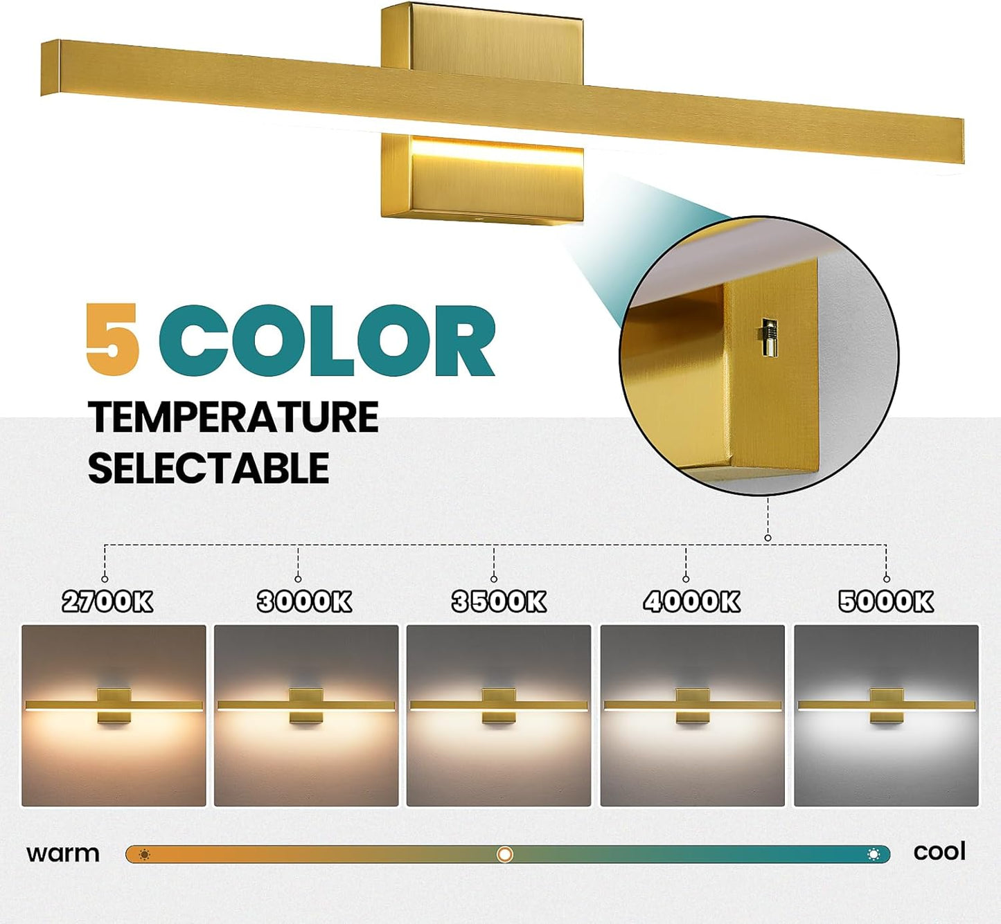 24-Inch Dimmable Gold Bathroom Vanity Light - Modern LED Bar Fixture for Over Mirror