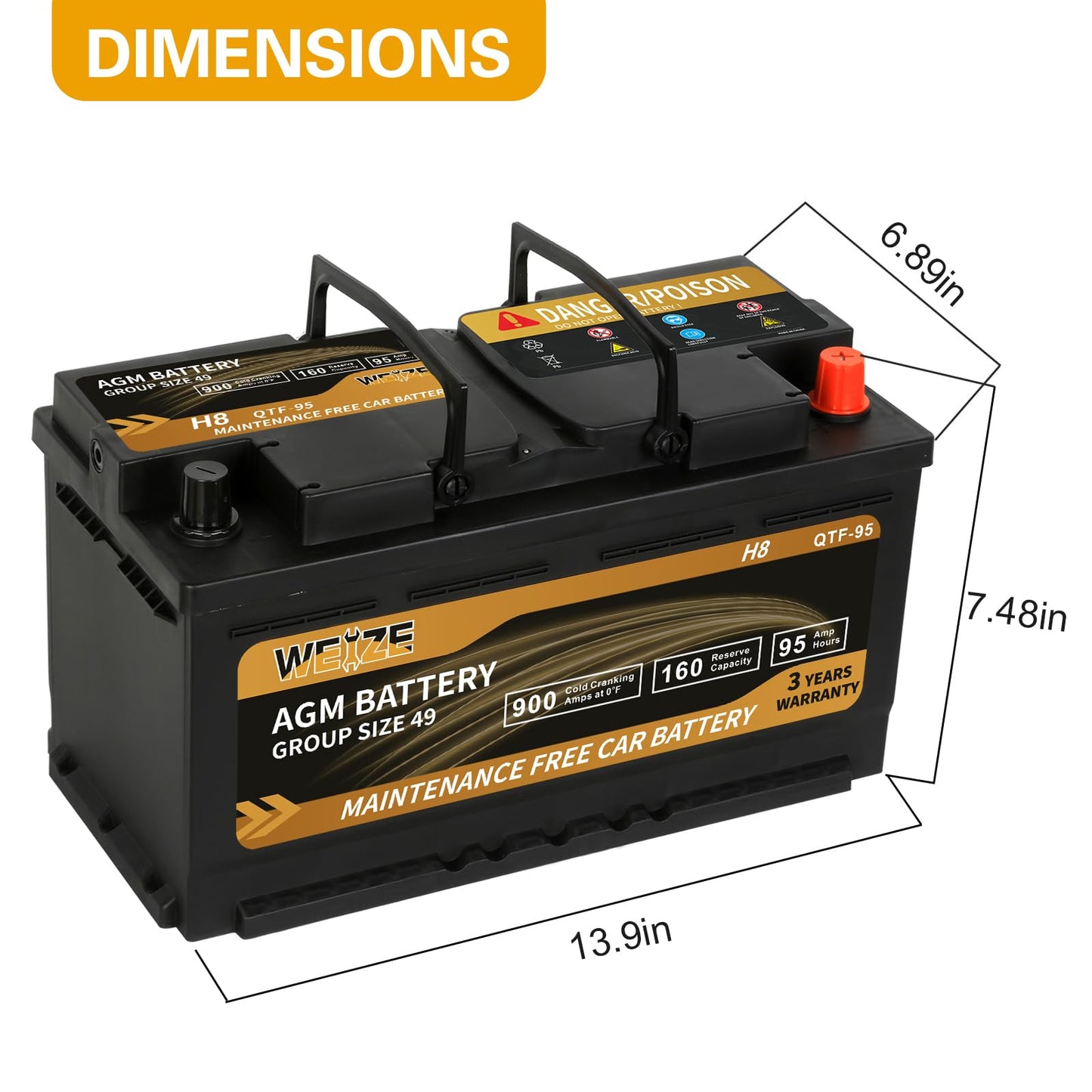 Weize Platinum AGM Battery BCI Group 49-12v 95ah H8 Size 49 Automotive Battery, 160RC, 900CCA, 36 Months Warranty, Dimensions 13.9" L x 6.89" W x 7.48" H