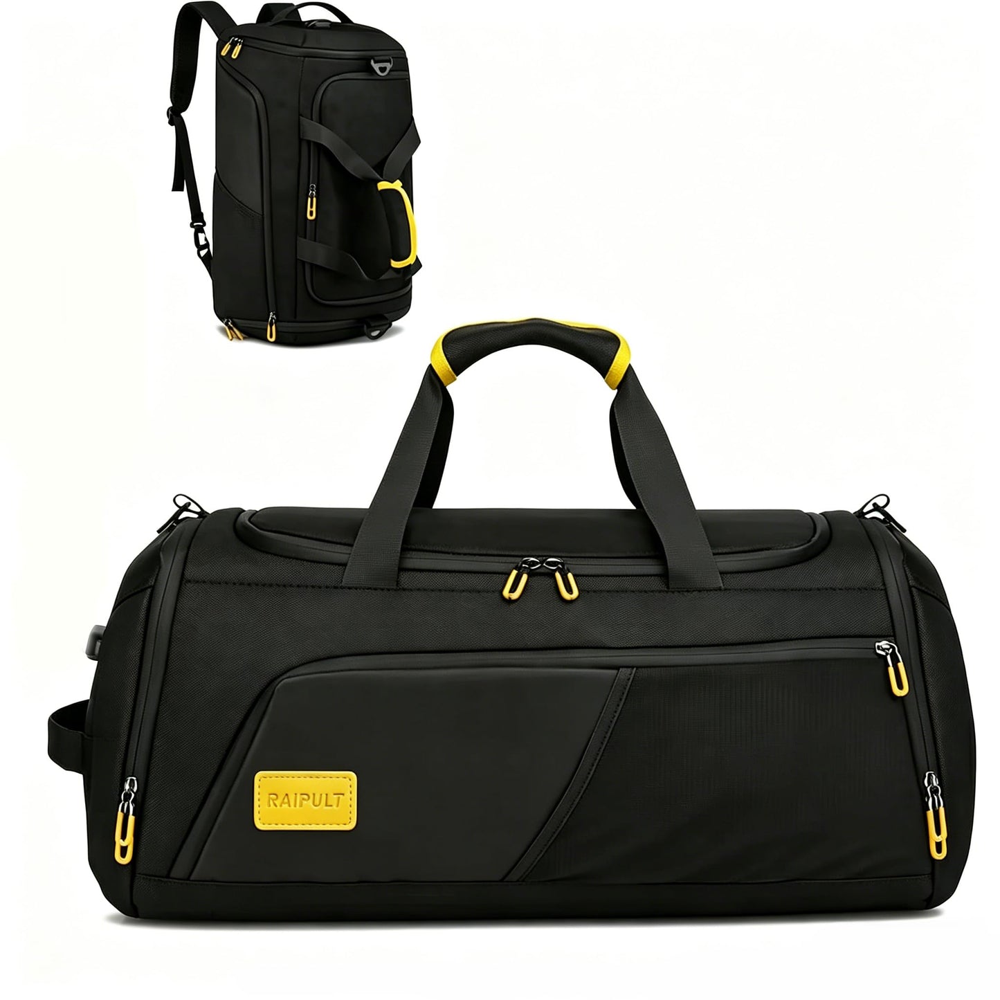 Raipult Gym Duffle Bag for Men Women, Travel Duffel Bag Backpack with Shoe Compartment & Wet Pocket, 50L Waterproof Sports Overnight Weekender Bag with USB Port, Black