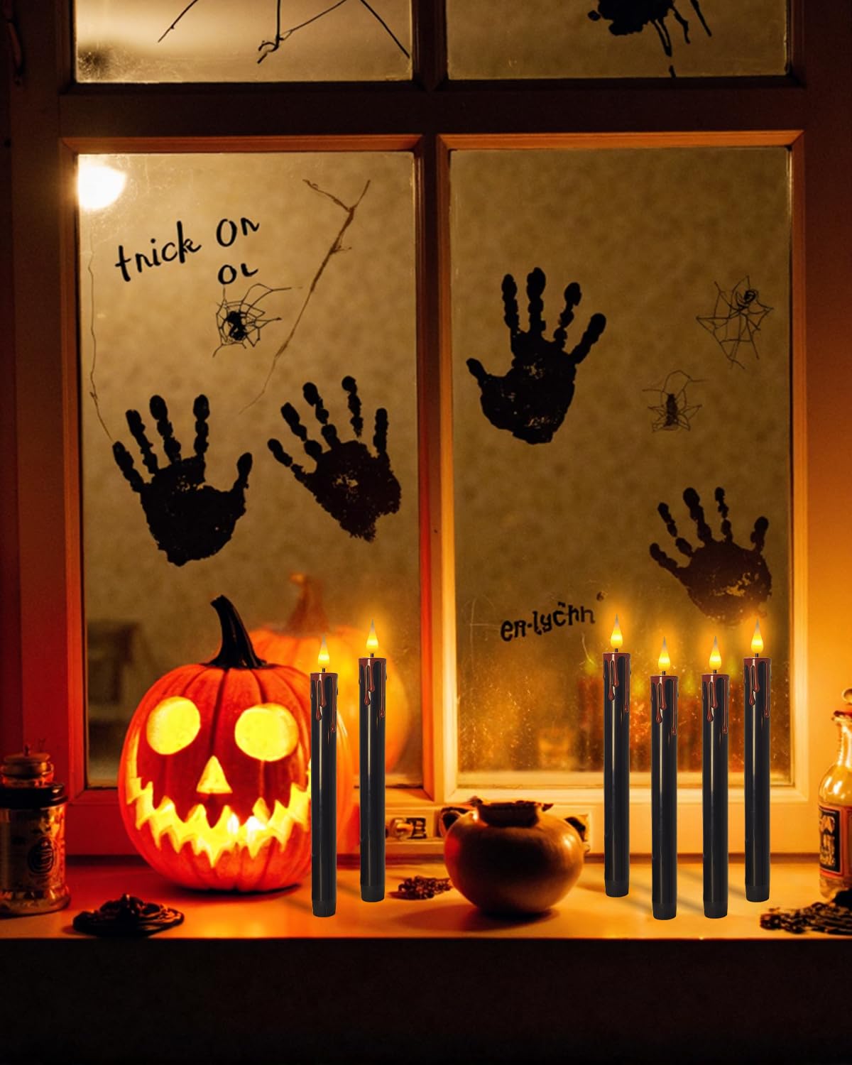 SUNGEGE Flameless Bleeding Candles – 6 Pack, Black LED Taper Candles with Red Dripping Wax Effect, 0.8 x 9.9 Inches, Includes 2 Remotes – Creepy Halloween Decor for Haunted Houses & Horror Parties