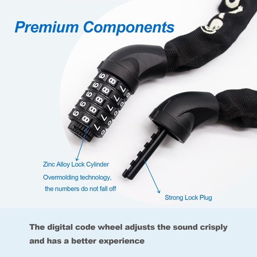 Monotre Bike Chain Lock, 5-Digit Resettable Combination Heavy Duty Anti-Theft Bike Chain Lock, 3.2FT Long Keyless Security Bike Lock for Bicycles, Scooters, Motorcycles, Doors, Fences