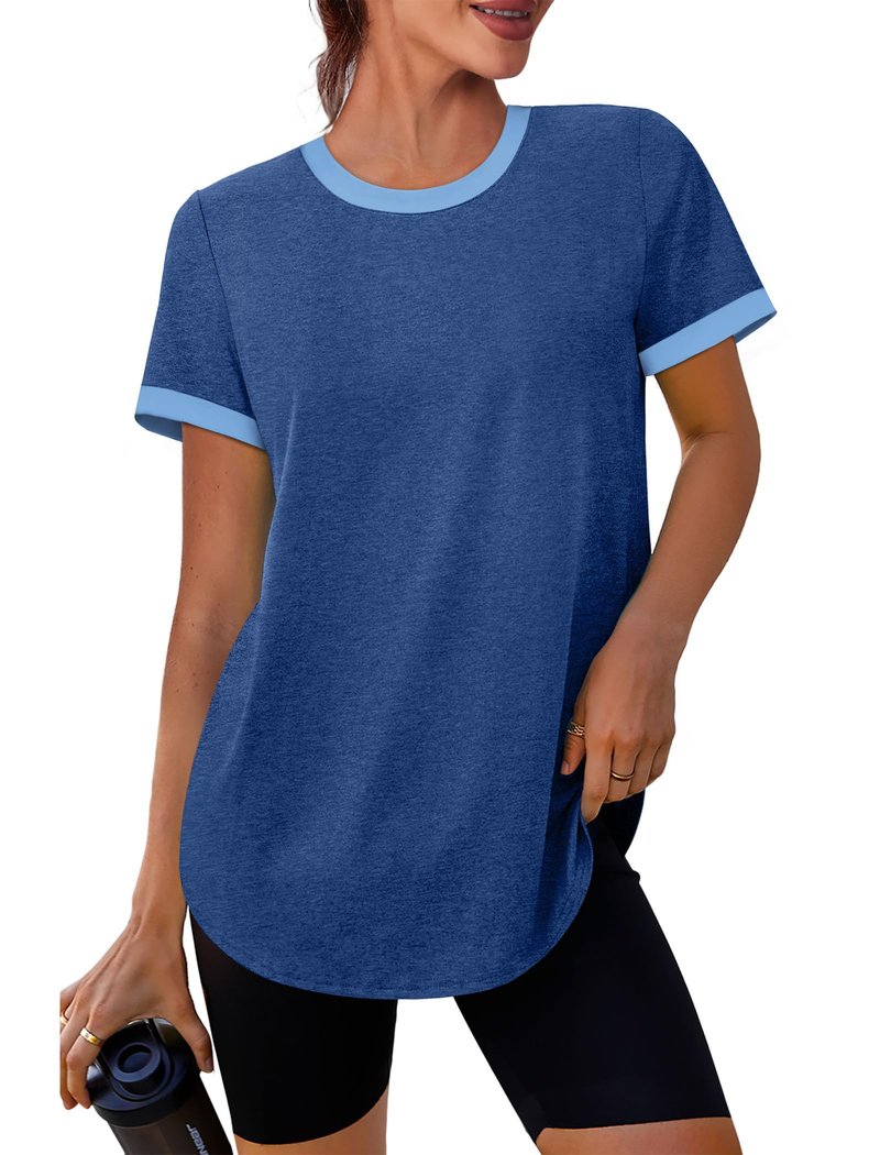 Workout Tops for Women Breathable Loose Fit Yoga T Shirts Casual Short Sleeve Shirts Fitness Clothing Running Gym Clothes Athletic Tee Top Plus Size Summer Outfits Travel XL Navy Blue
