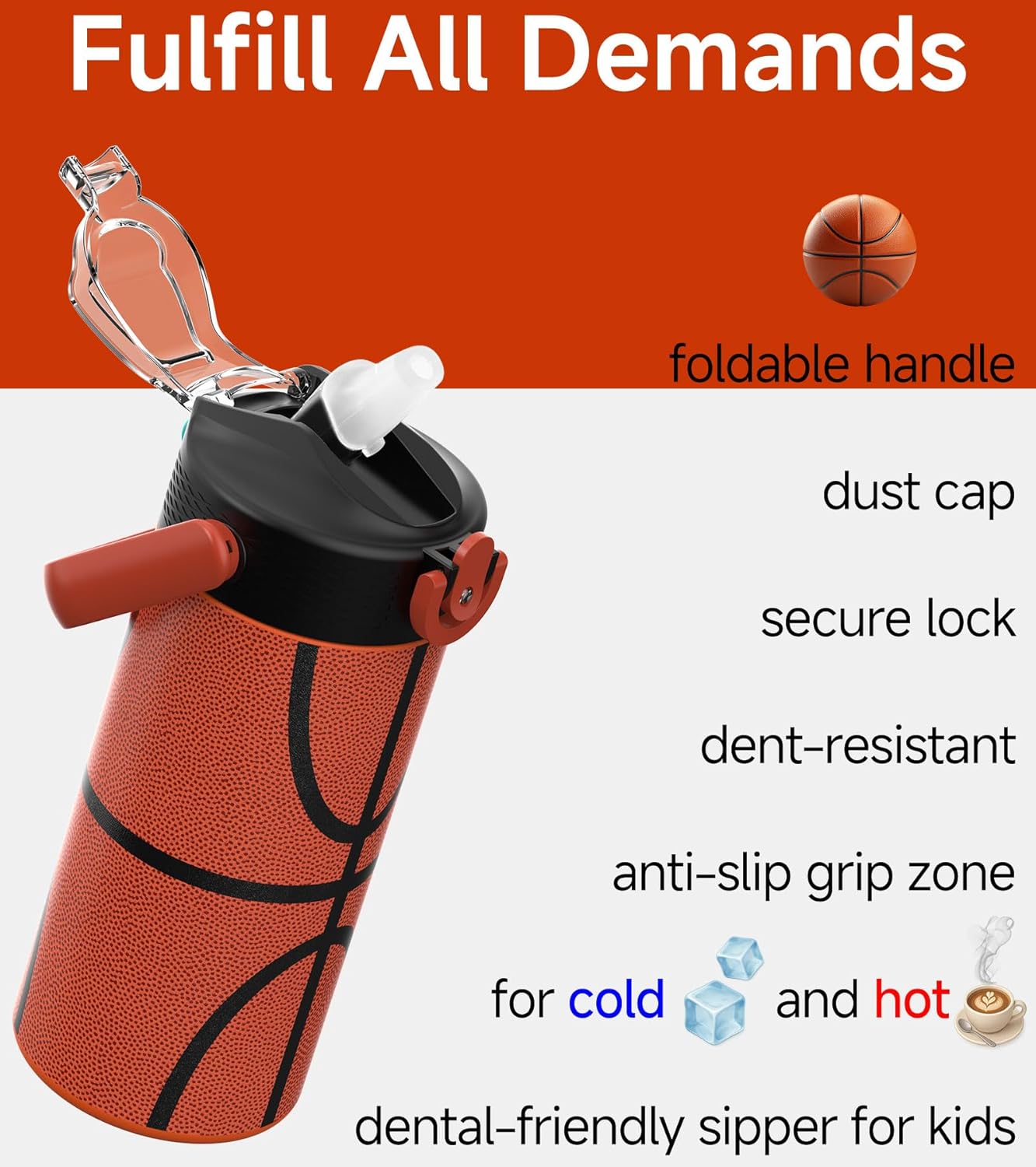 MYFOREST Insulated Kids Water Bottle - 14oz/400ml, Odor-Free Liner, Dishwasher-Safe, Soft Sipper, Basketball Gift