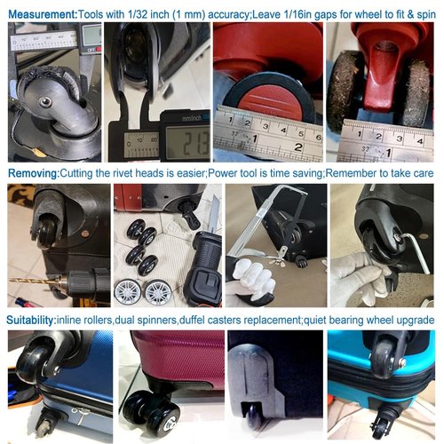Luggage Suitcase Replacement Wheels Set Suitcase Spinner Wheels 8Pcs PU Bearing Wheels-Install Dia 2in/50mm Width 0.63in/16mm with 2 Size Axles for Trolley Bag Drawbar Box Smooth Rolling Repair