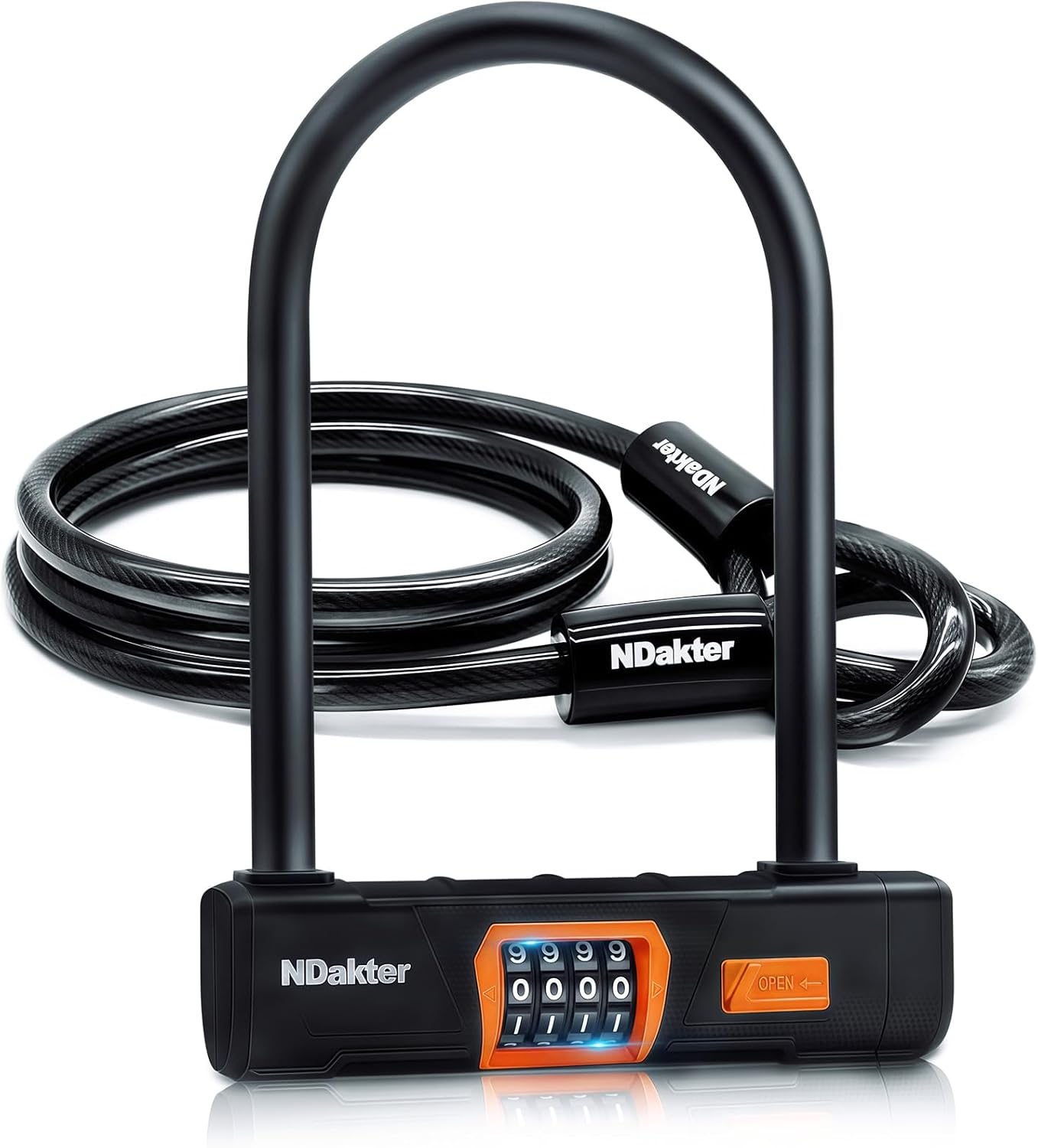 NDakter Heavy-Duty Bike Lock - Anti-Theft U Lock with 4-Digit Combination & 5Ft Steel Cable | Large Size for E-Bikes & Motorcycles