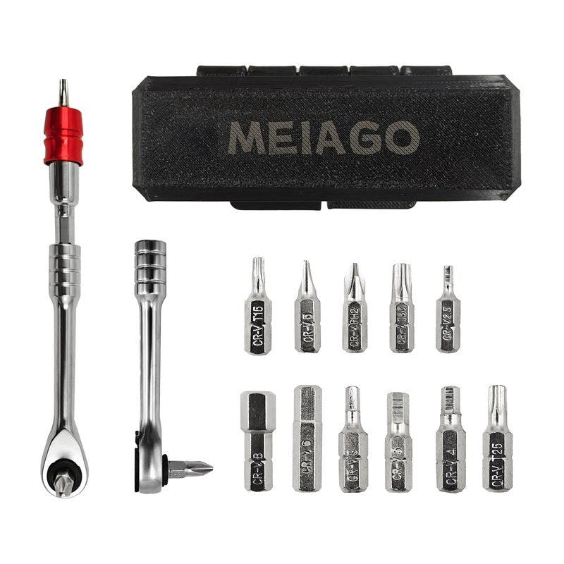 MEIAGO Bike Repair and Maintenance Tool, Bicycle Multi-Tool Kit,13-in-1 Mini Ratchet Wrench Set, Ratchet Reversible &11 Bits, Portable for Home Repair and Travel, Black