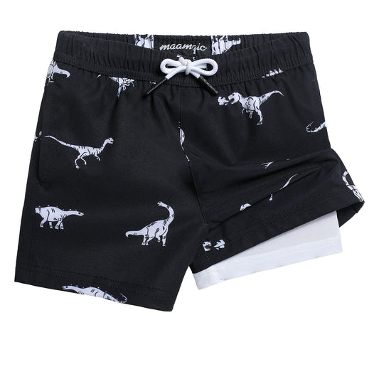 maamgic Boys Swim Trunks with Compression Liner 4-Way Stretch Quick Dry Swim Shorts Swimming Trunks Toddler Boy Dinosaur Black 8 Years