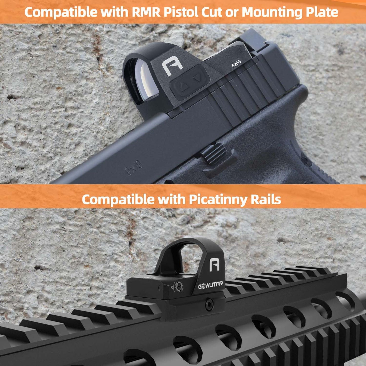 GOWUTAR A20 Green Dot Sight for RMR Footprint 2 MOA Shake Awake Reflex Sight Pistol Optic Rifle Scope with Picatinny Mount