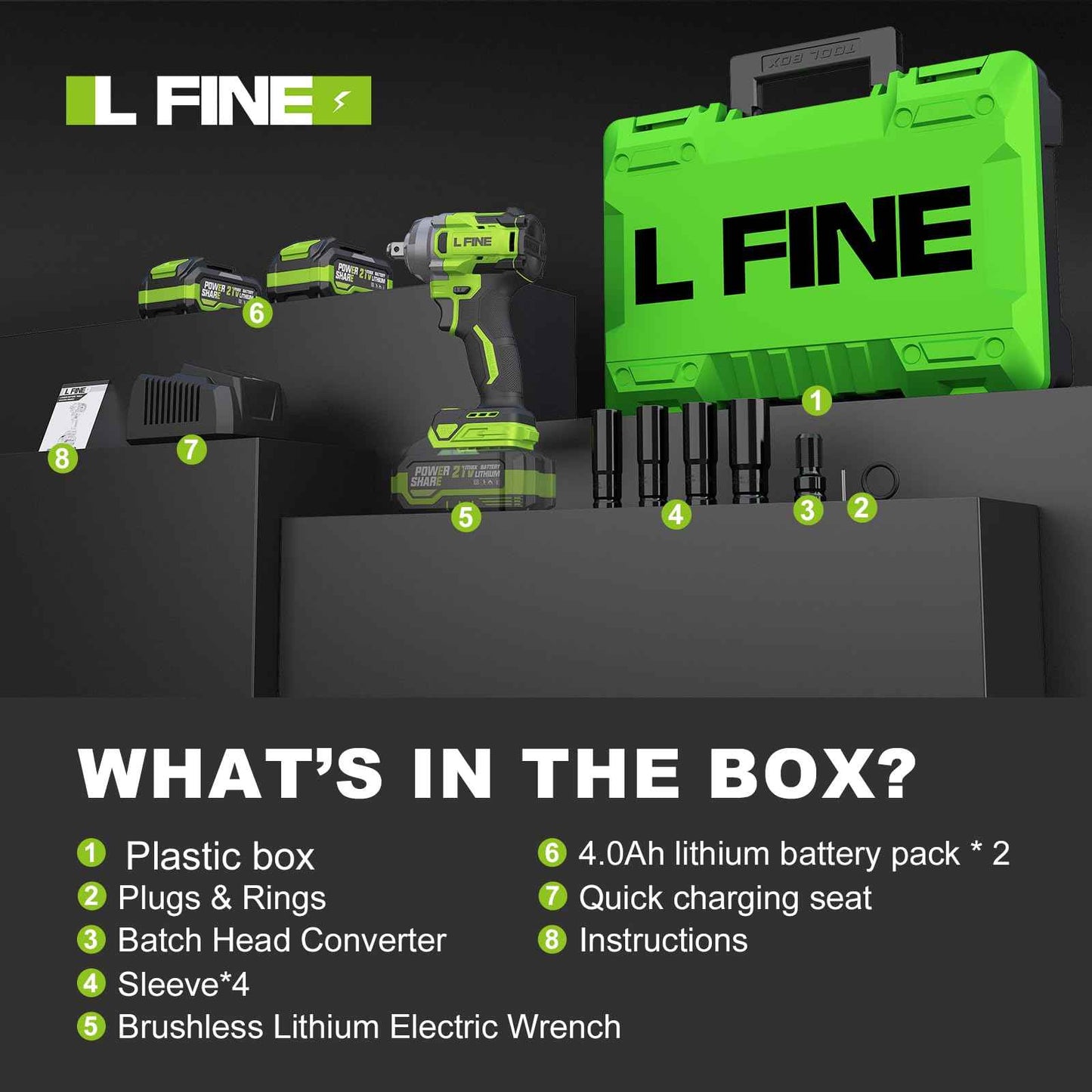 L FINE Cordless Impact Wrench 1/2 inch, 600N.m (405Ft-lbs) Power Impact Drill Kit Tools, 3200RPM High Torque Brushless Motor Impact Driver, 2 x 4.0Ah Battery, 5 Sockets, Charger, Electric Impact Gun