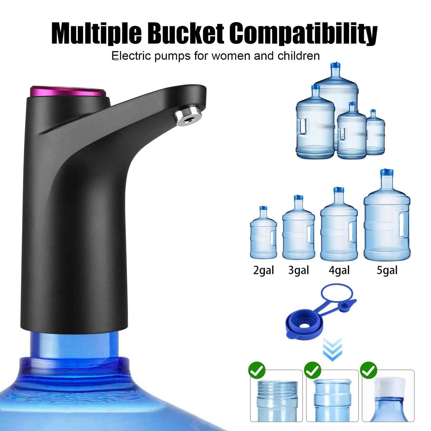 Water Pump for 5 Gallon Jug, Electric Water Dispenser for 5 Gallon Bottle, USB-C Rechargeable Portable Automatic Pump with Mobile Base for RV, Camping, Home, Office - Black