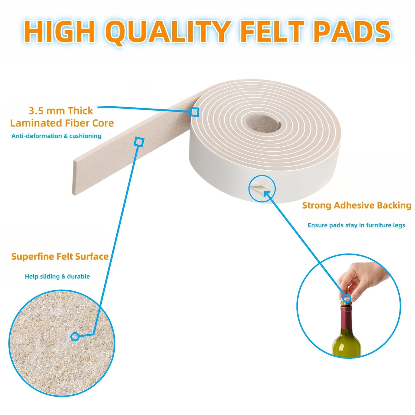 Felt Strips with Adhesive Backing – Furnigear Heavy Duty Cuttable Felt Tape Roll Furniture Pads for Chair Legs - Protecting Hardwood Floors, Chair Wall Protector (Beige, 80 x 0.5 x 0.14 Inch)