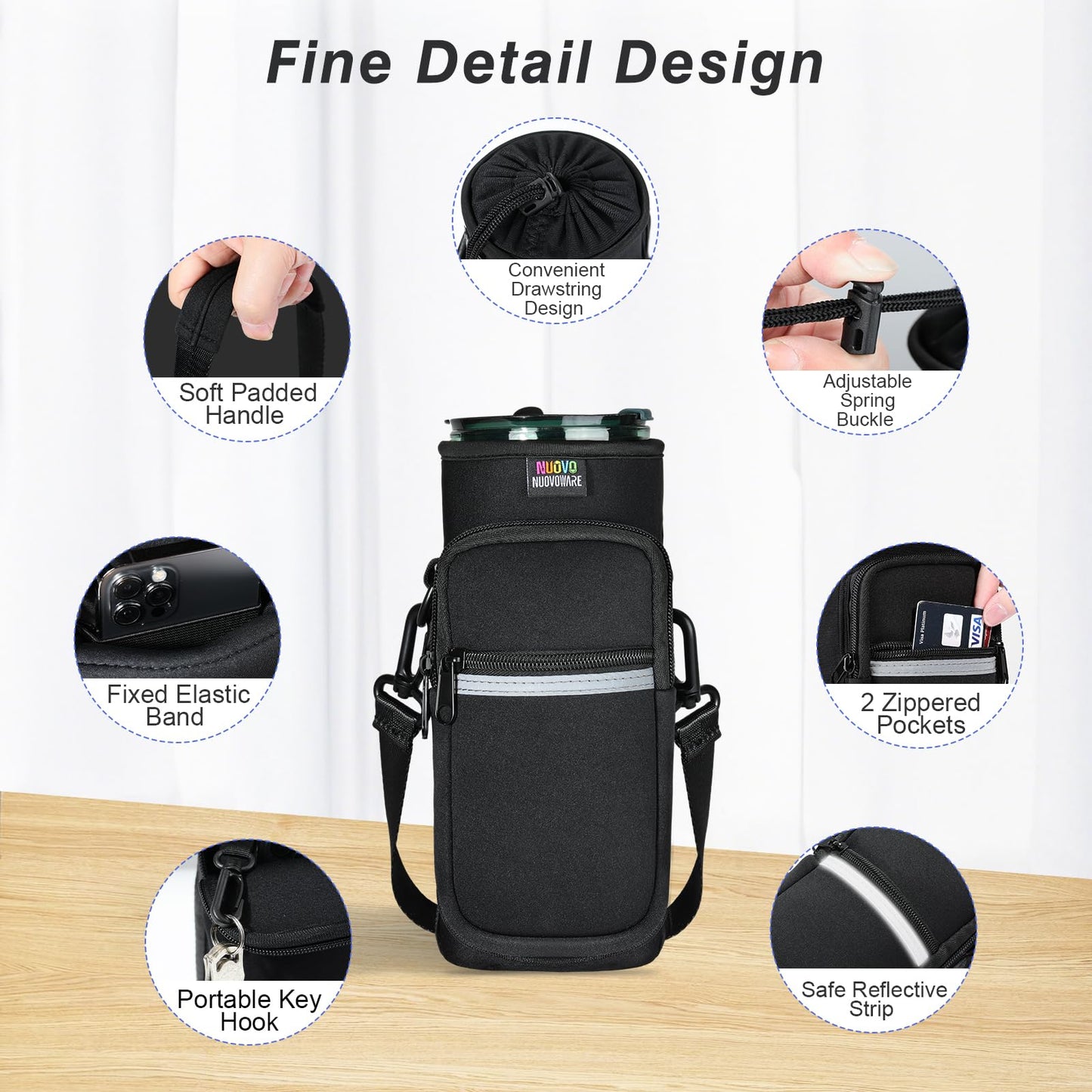 Nuovoware Magnetic Gym Bag, 25oz/32oz Water Bottle Carrier Holder, Adjustable Shoulder Strap 2 Pocket Sports Sling Neoprene Sleeve for Hiking Travelling Camping, Black+White