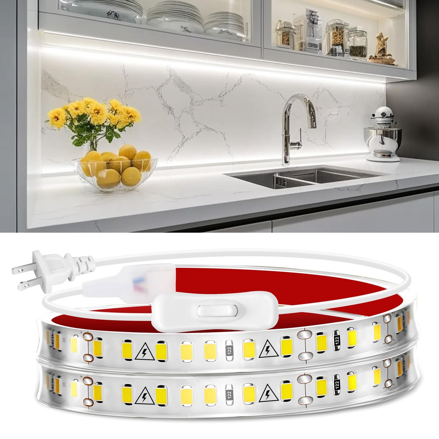 maylit Under Cabinet Strip Lighting Plug in 24in, Ultra Bright Small LED Light Bar, 6000K Cool White, 110V-120V Wired Lights for Kitchen Cabinet, Counter, Workbench, Desk, Closet, Shelf, Indoor